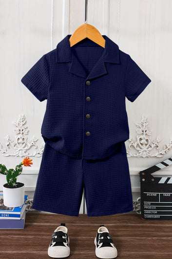 Boys Navy Blue Cotton Blend Solid Shirt With Short Pant Set