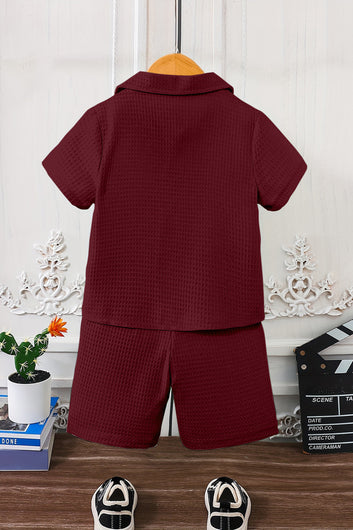 Boys Maroon Cotton Blend Solid Shirt With Short Pant Set