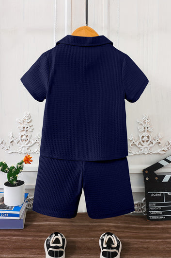 Boys Navy Blue Cotton Blend Solid Shirt With Short Pant Set