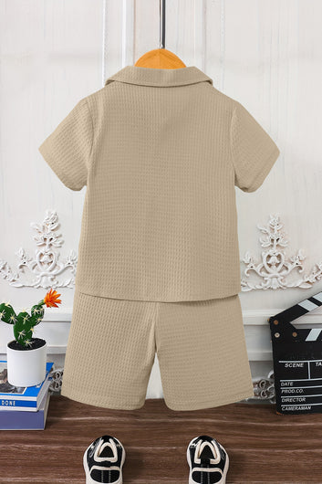 Boys Beige Cotton Blend Solid Shirt With Short Pant Set