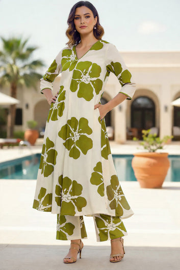 Women Mehndi Rayon Florel Printed Kurta and Palazzo Set