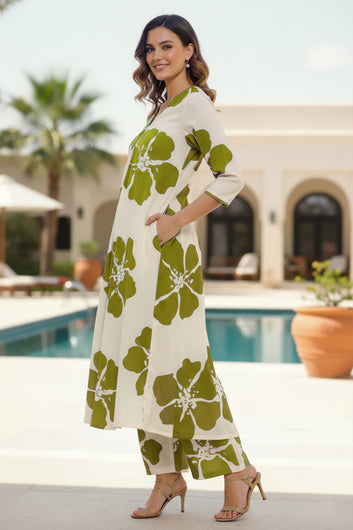 Women Mehndi Rayon Florel Printed Kurta and Palazzo Set