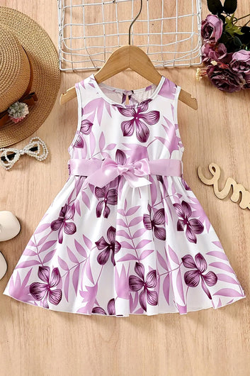 Girls Purple Cottton Blend Floral Printed Fit And Flare Knee Length Dress