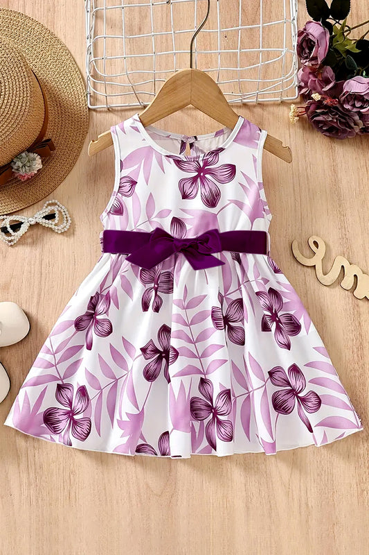 Girls Purple Cottton Blend Floral Printed Fit And Flare Knee Length Dress