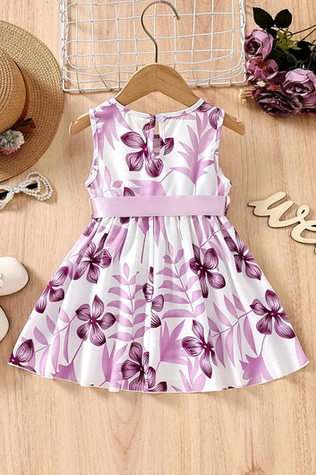 Girls Purple Cottton Blend Floral Printed Fit And Flare Knee Length Dress