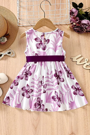 Girls Purple Cottton Blend Floral Printed Fit And Flare Knee Length Dress