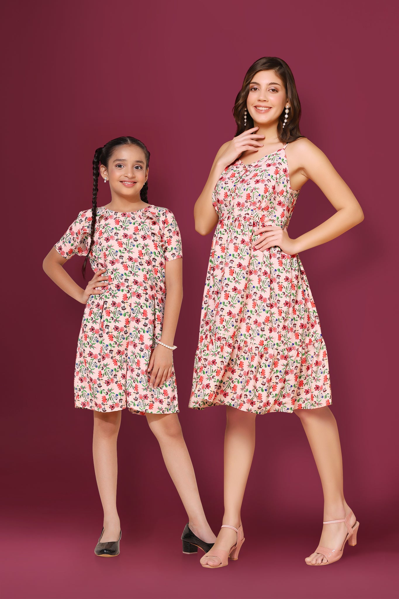 Peach Floral Printed Mother Daughter Combo Set
