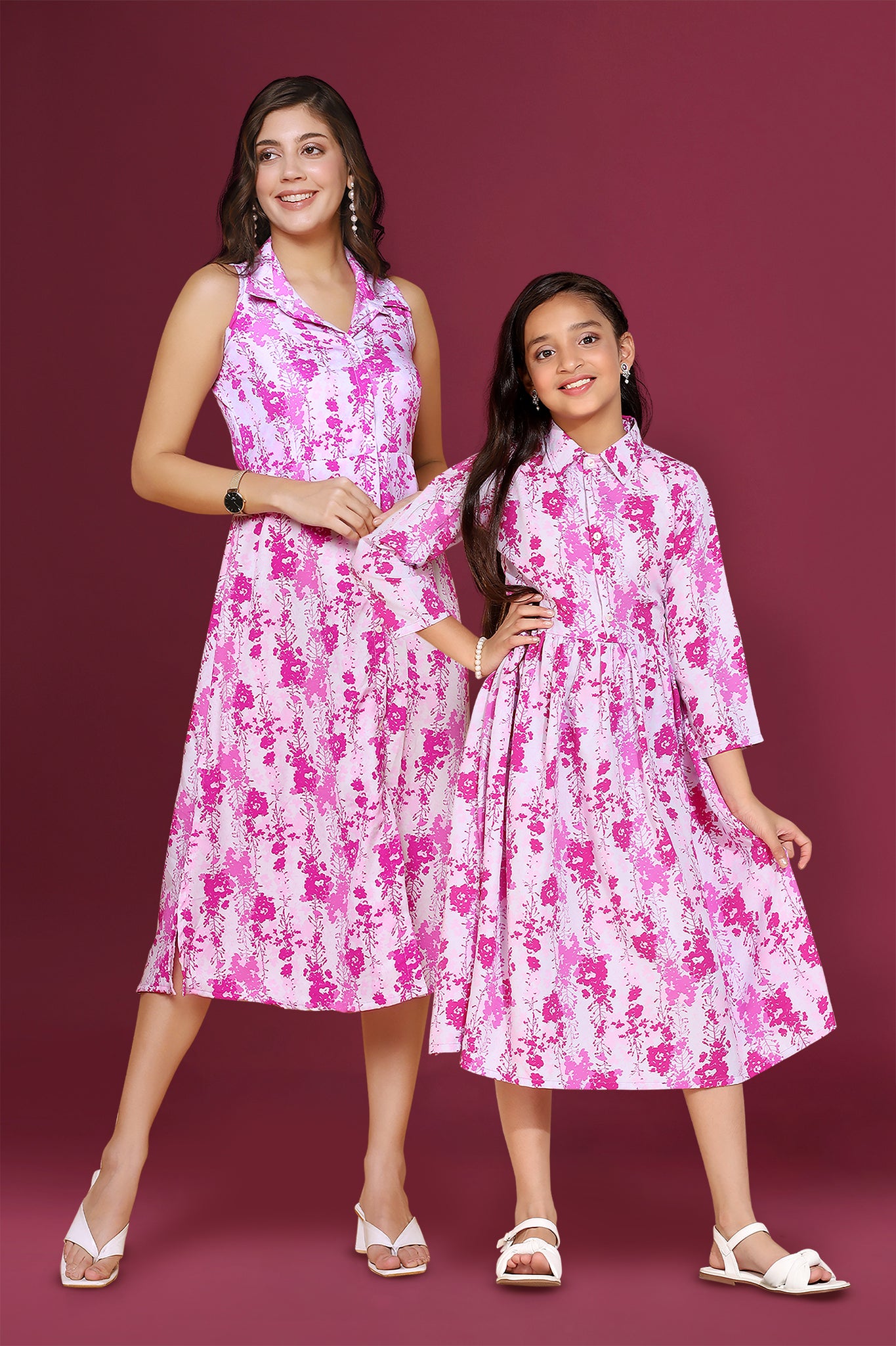 Pink Floral Printed Mother Daughter Shirt Style Midi Dress