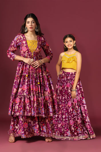 Wine Floral Printed Mother And Daughter Ethnic Wear Combo Set