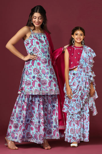 Sky Blue Floral Printed Mother Daughter Sharara Set With Dupatta