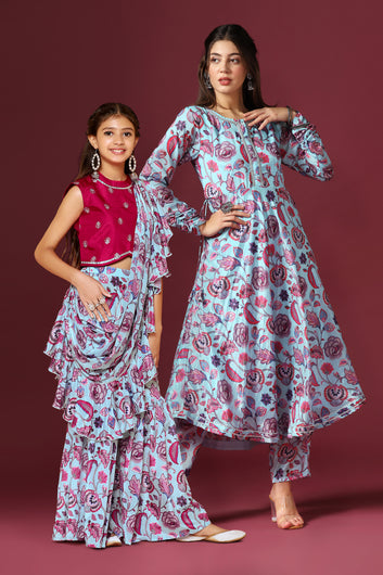 Sky Blue Floral Printed Mother And Daughter Ethnic Wear Combo Set