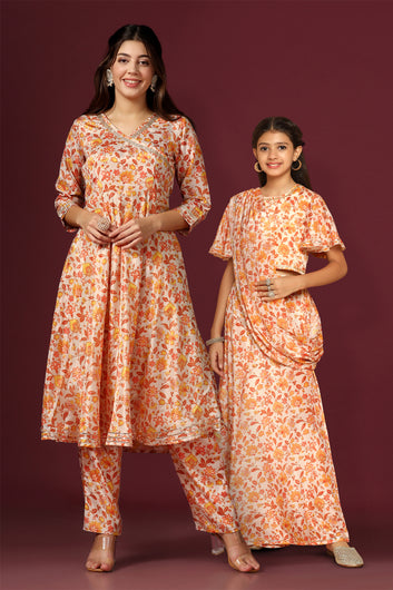 Cream Floral Printed Mother And Daughter Ethnic Combo Set