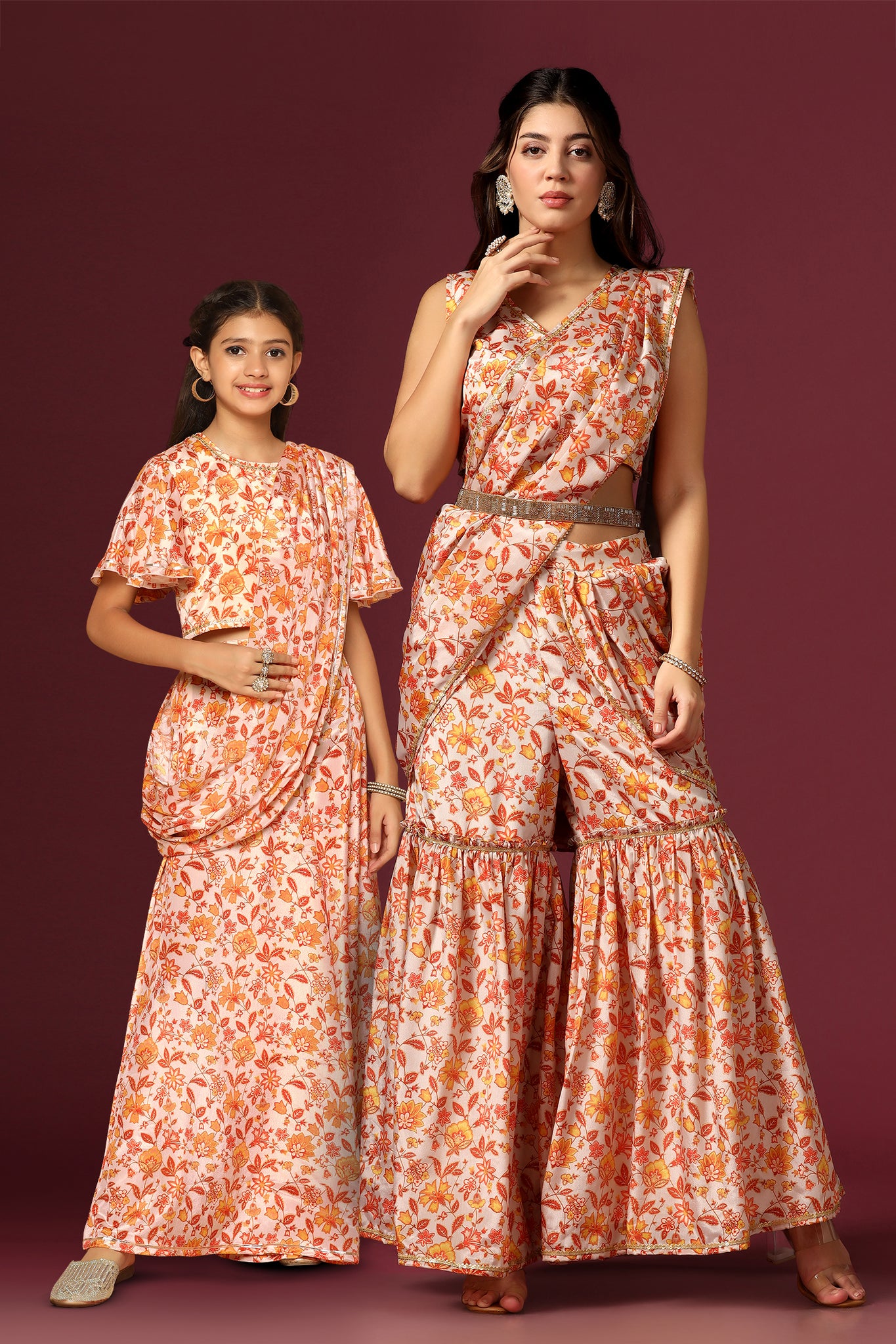 Cream Floral Printed Mother Daughter Ethnic Set With Attached Dupatta