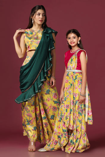 Yellow Floral Printed Mother Daughter Ethnic Set With Attached Dupatta