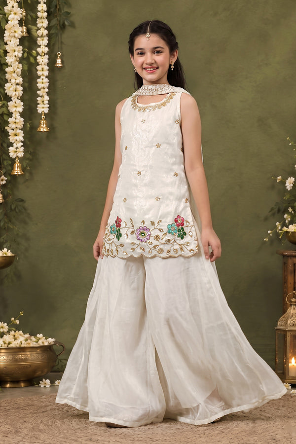 Girls Off White Silk Blend Floral Embroidered Kurta & Palazzo with Dupatta Set For Ethnic Set