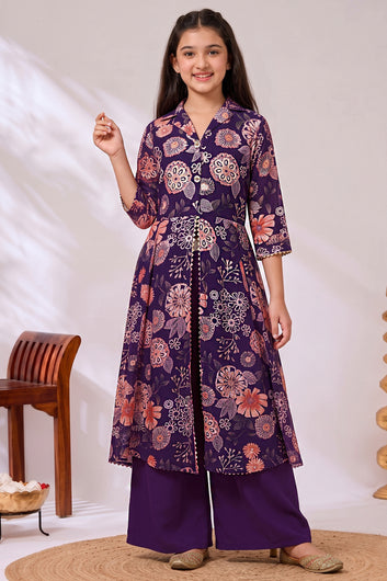 Girl's Dark Purple Chanderi Silk Printed Front Slit Kurta and Palazzo Set