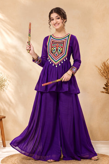 Girls Violet Silk Blend Embroidered A-line Kurta and Palazzo Set For Traditional Look