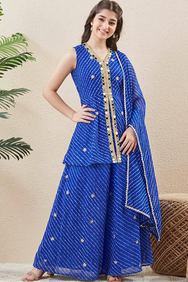 Girls Royal Blue Georgette Floral Embroidered Kurta and Palazzo with Dupatta Set For Girls
