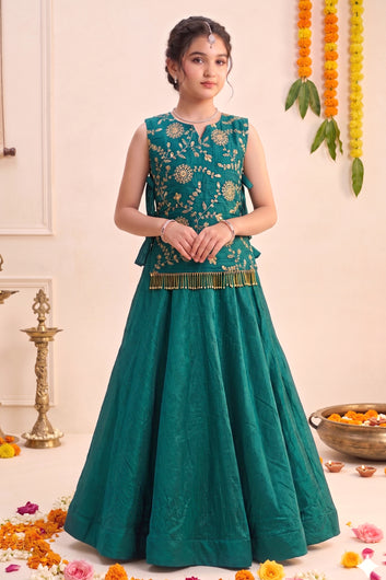 Girl's Rama Silk Blend Embroidered Sleeveless Top Style Choli and Inner Top with Flared Lehenga For Traditional Look