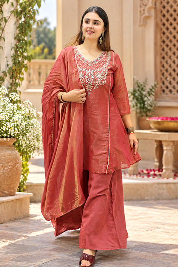 Women Rust Chanderi Embroidered Kurta And Palazzo With Dupatta Set festival outfit