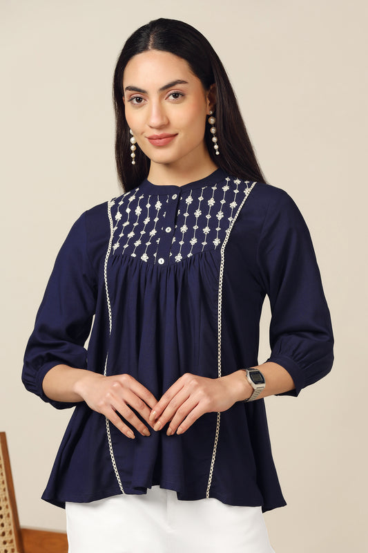Womens Navy Blue Rayon Embroidered A-Line Tunic Top