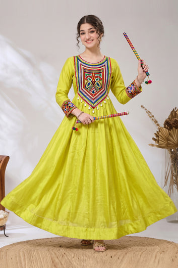Girls Lemon Silk Blend Floral Embroidered Fit and Flare Dress For Traditional Look