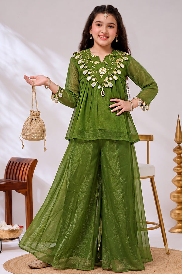 Girls Green Silk Blend Floral Embroidered Top and Palazzo For Stylish Look