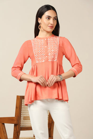 Womens Peach Rayon Embroidered Top