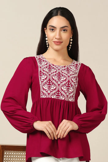Womens Maroon Rayon Embroidered Tunic Top