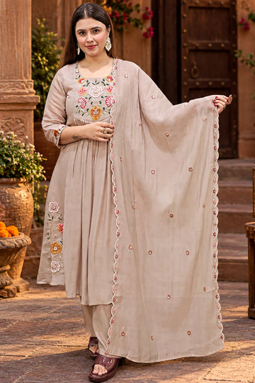 Women Beige Chanderi Floral Embroidered Kurta And Pant With Dupatta Set Ethnic Outfit