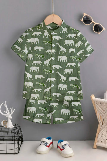 Boys Pista Cotton Blend Animal Printed Shirt With Short Pant Set