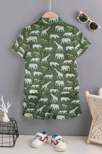 Boys Pista Cotton Blend Animal Printed Shirt With Short Pant Set