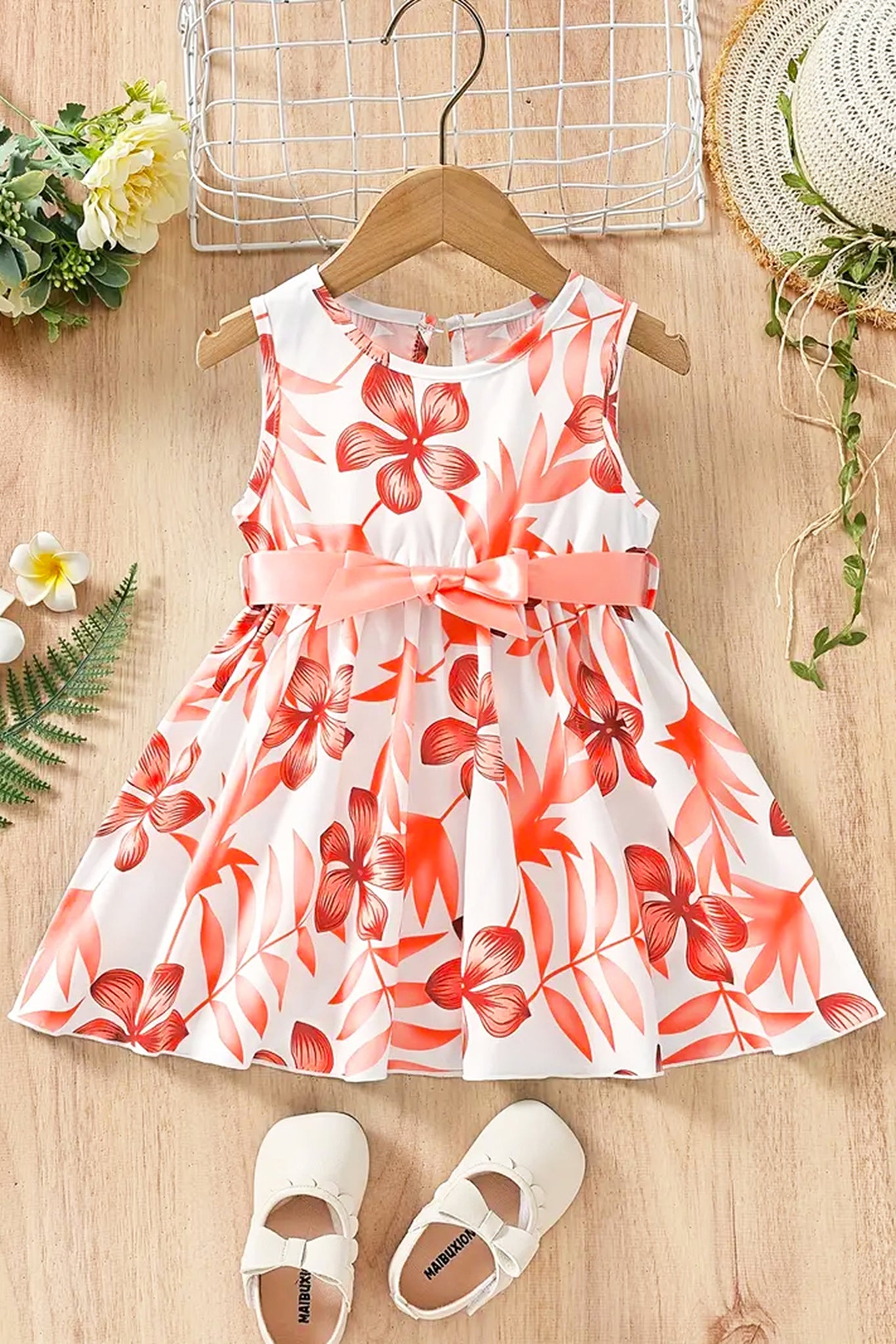 Girls Orange Cottton Blend Floral Printed Fit And Flare Knee Length Dress