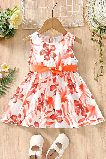 Girls Orange Cottton Blend Floral Printed Fit And Flare Knee Length Dress