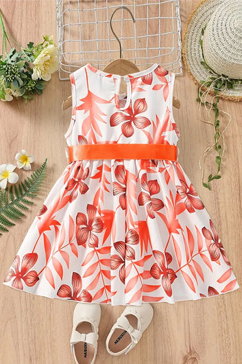 Girls Orange Cottton Blend Floral Printed Fit And Flare Knee Length Dress