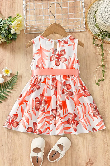 Girls Orange Cottton Blend Floral Printed Fit And Flare Knee Length Dress