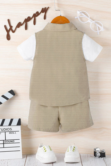 Boys Beige Cotton Blend Solid Jacket And T-Shirt With Short Pant Set