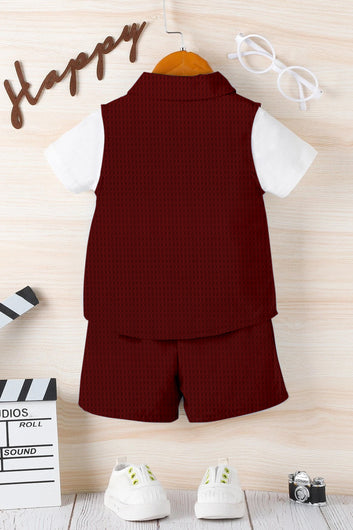 Boys Maroon Cotton Blend Solid Jacket And T-Shirt With Short Pant Set