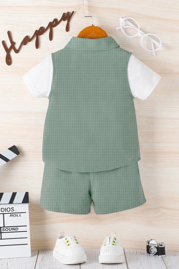 Boys Light Green Cotton Blend Solid Jacket And T-Shirt With Short Pant Set