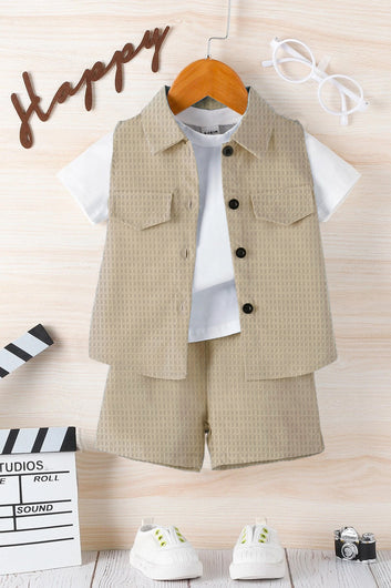 Boys Beige Cotton Blend Solid Jacket And T-Shirt With Short Pant Set