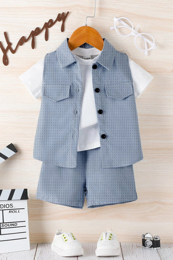 Boys Light Blue Cotton Blend Solid Jacket And T-Shirt With Short Pant Set