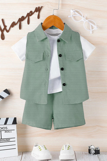 Boys Light Green Cotton Blend Solid Jacket And T-Shirt With Short Pant Set