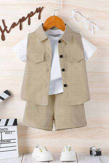 Boys Beige Cotton Blend Solid Jacket And T-Shirt With Short Pant Set