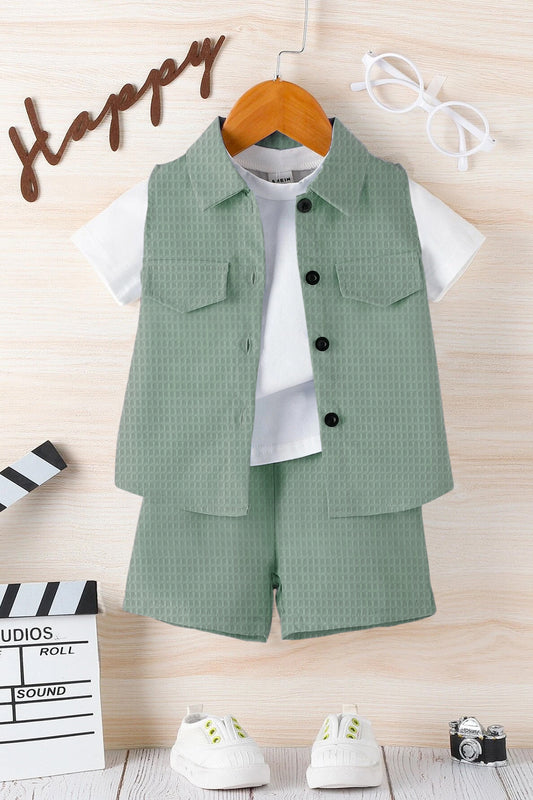 Boys Light Green Cotton Blend Solid Jacket And T-Shirt With Short Pant Set