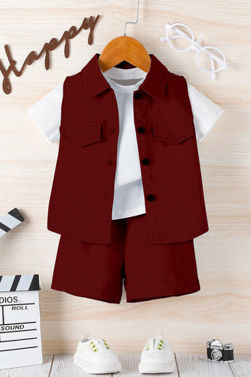 Boys Maroon Cotton Blend Solid Jacket And T-Shirt With Short Pant Set