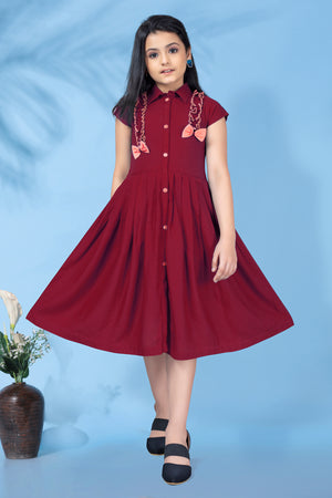 Girls Maroon Cotton Slub Front Fastening Fit And Flare Knee Length Dress