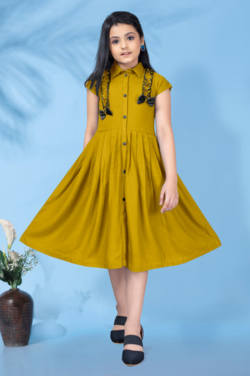 Girls Mustard Biscuit Cotton Slub Front Fastening Fit & Flare Knee Length Dress