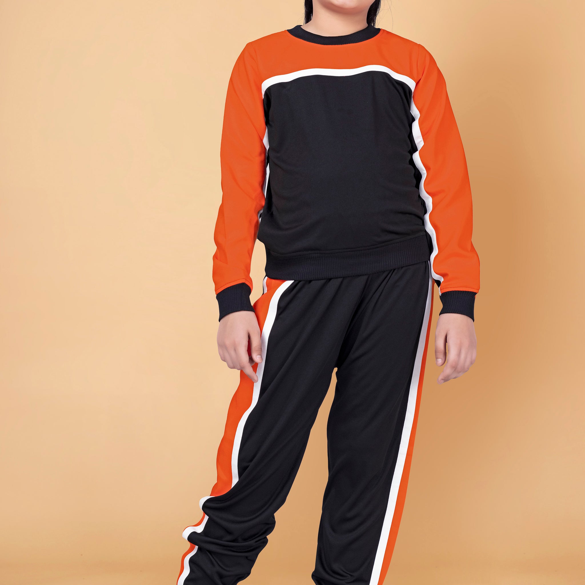 Girls Orange Polyester Lycra T-Shirt with Trouser Set