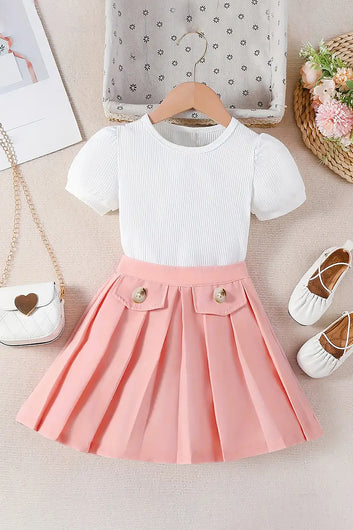 Girls Rib Solid White Top and Baby Pink Skirt Girls Clothing Set