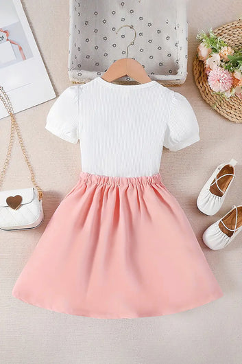 Girls Rib Solid White Top and Baby Pink Skirt Girls Clothing Set